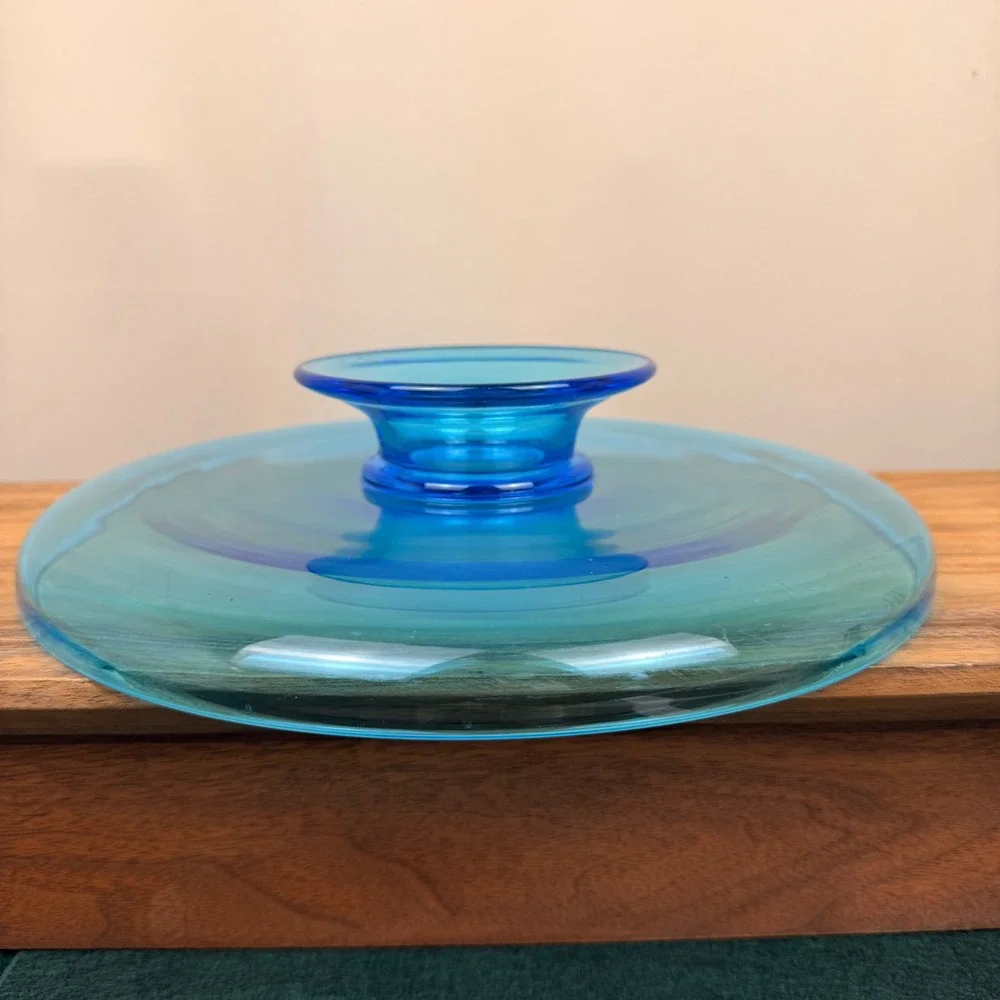 Vintage Aqua Blue Hand Blown Glass Cake Stand Pedestal Chip Dip Server 10 Inch